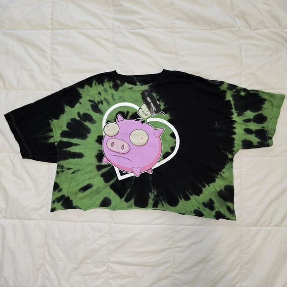 Invader Zim GIR Pig Tie-Dye Crop T-Shirt Sz L Black And Green - Picture 1 of 8